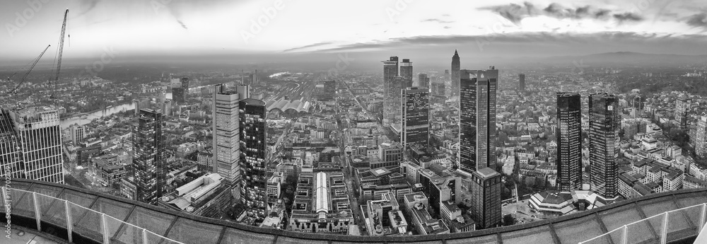 Frankfurt night skyline, panoramic aerial view