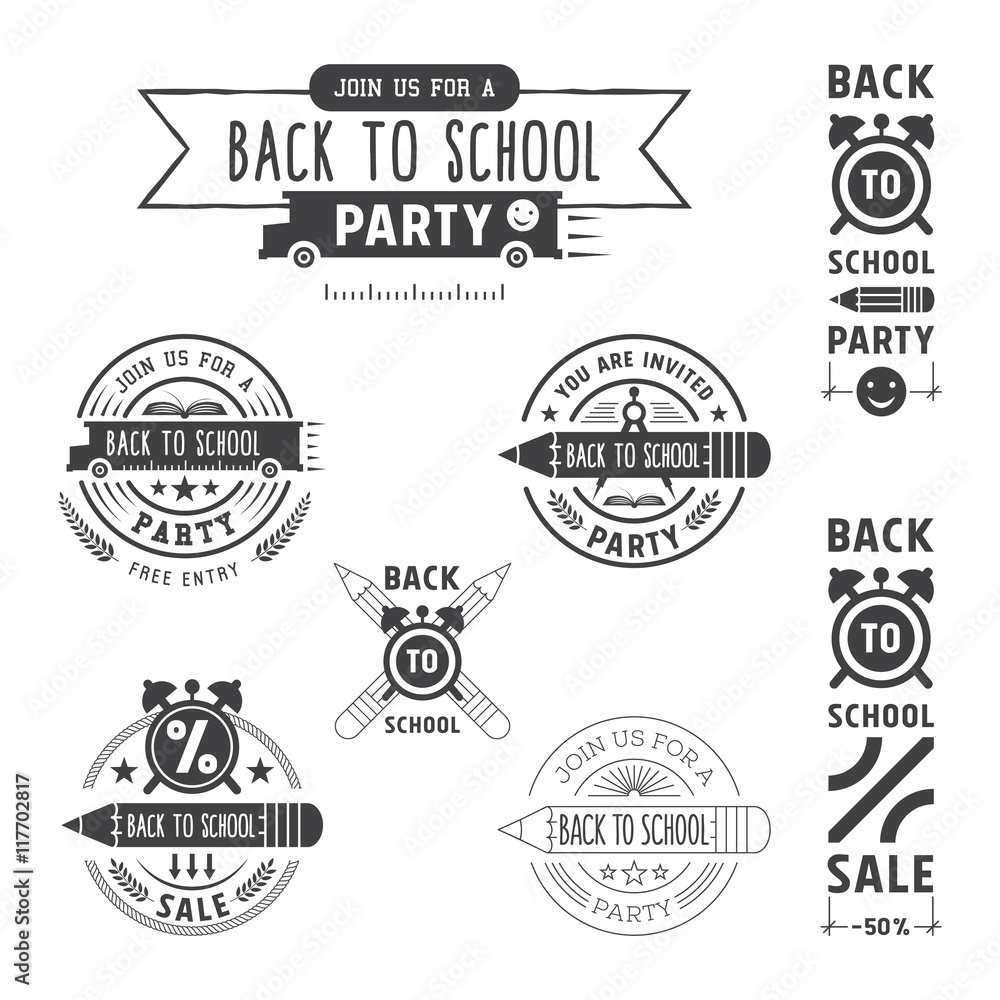 Fototapeta premium Back to school invitation and sale emblems