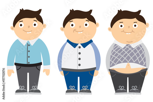 From thin to fat kid. Children obesity. Funny smiling cartoon boys on white background. Boy getting fat, gaining weight.