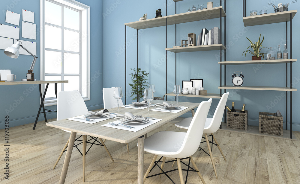 3d rendering nice blue dining room with shelf idea