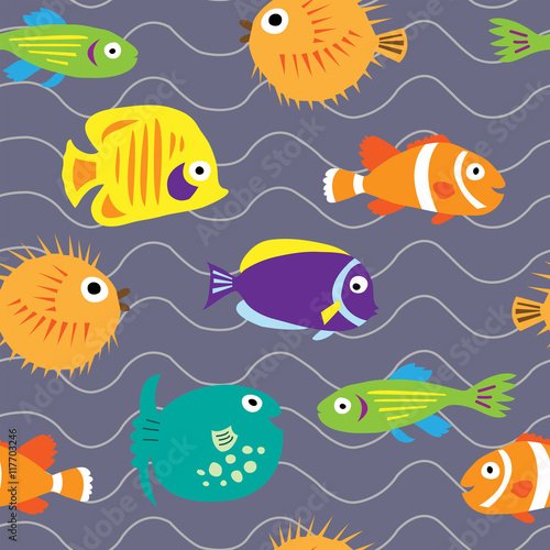 Seamless background with cute marine fish on the waves