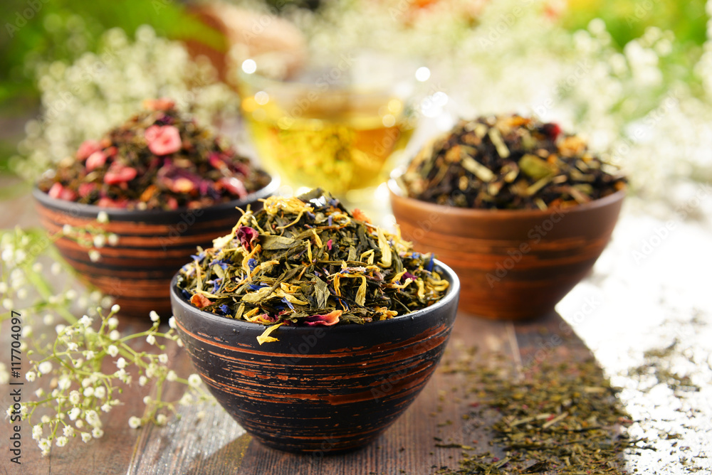 Composition with bowls of tea leaves Composition with bowls of tea leaves