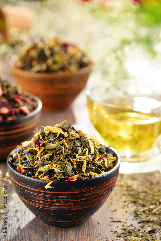 Composition with bowls of tea leaves Composition with bowls of tea leaves