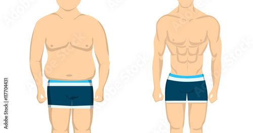 From fat to slim and healthy body. Before and after concept. Changing lifestyle and body shape.