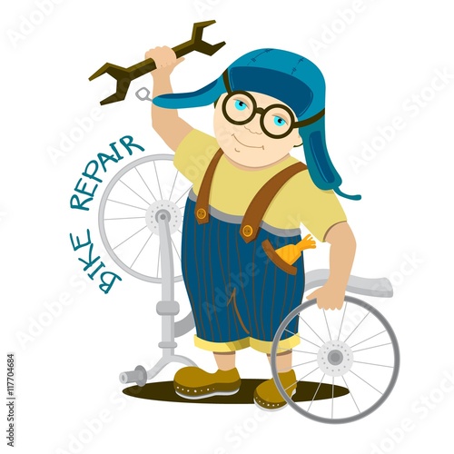Cyclist boy. Guy in blue overalls and helmet. Kid with a wrench and a disassembled bicycle. Isolate. Bike repair inscription. Vector Illustration