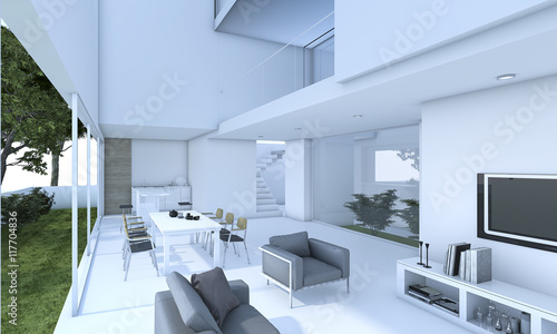 3d rendering nice living room near the garden