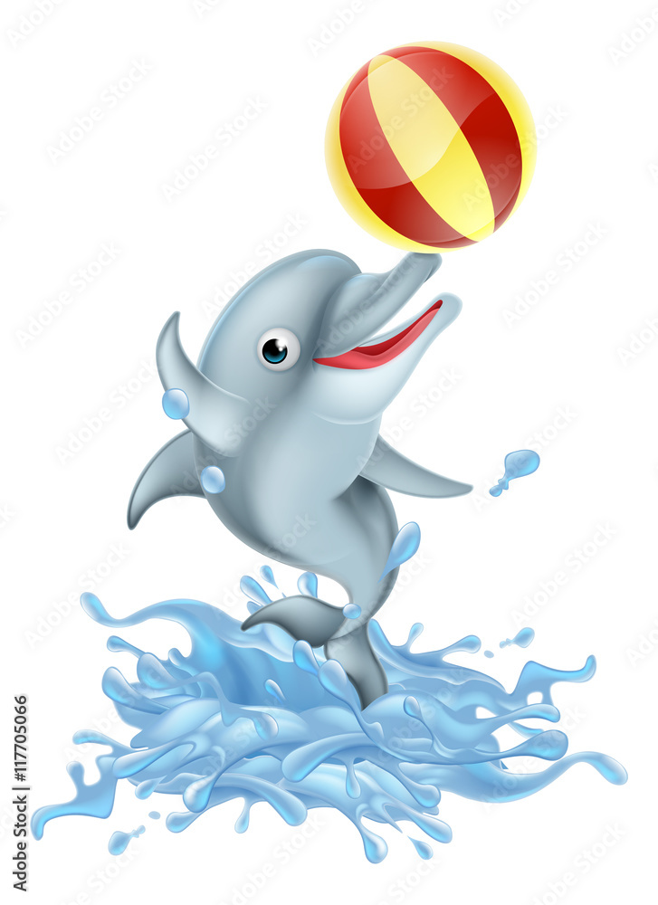 Obraz premium Cartoon Splashing Dolphin Playing with Ball