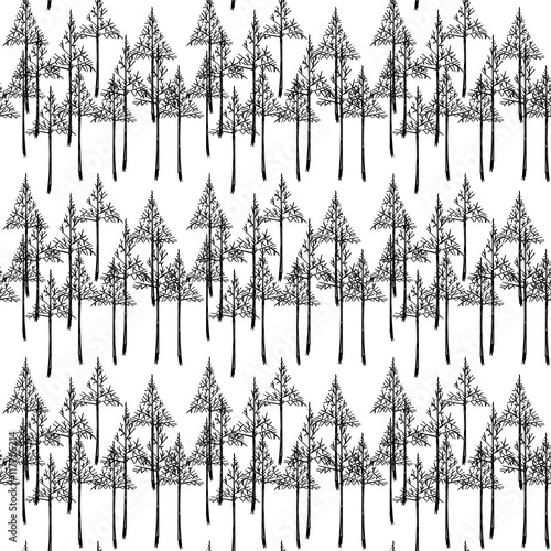 Spruce in monochrome pattern, handdrawn pattern, seamless vector background.