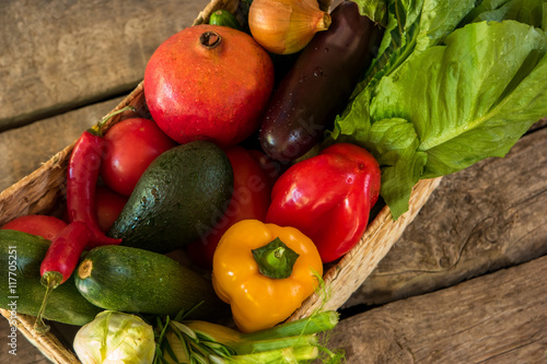 Wet vegetables in a basket. Chili peppers and eggplant. Prepare salad with avocado. Everything for your health.