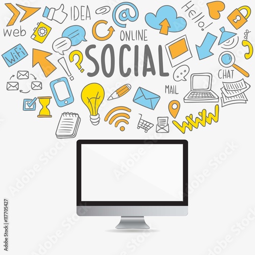 Sketchy social media icons and computer