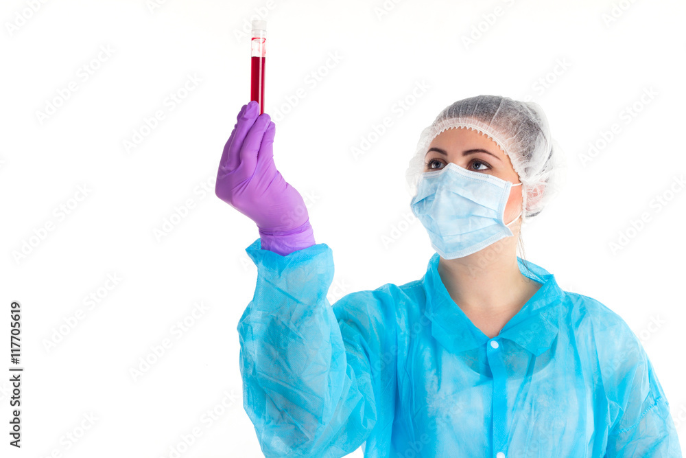The woman showes red tube The woman showes red tube