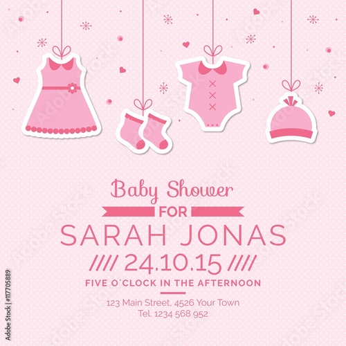 Pink baby shower card with hanging clothes