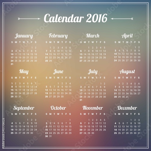 2016 calendar on blurry background