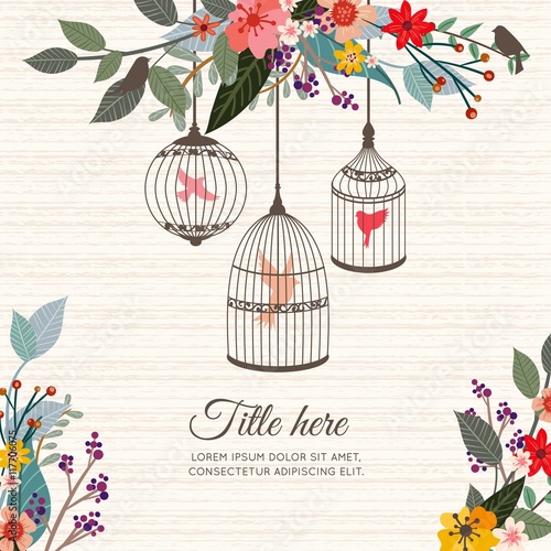 Bird in cages and flowers