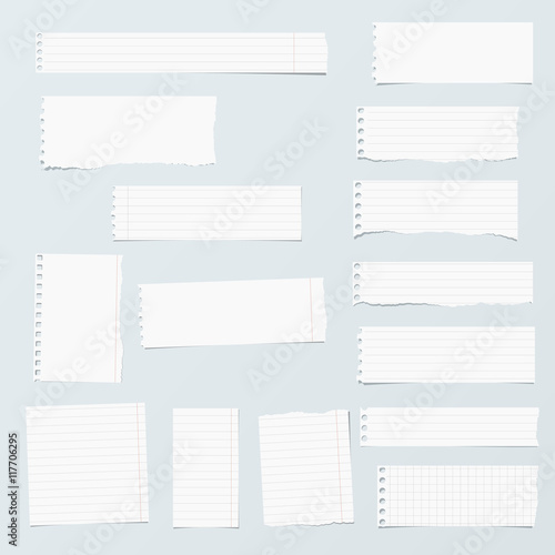 Pieces of ripped white, ruled, math notebook paper are stuck on gray background