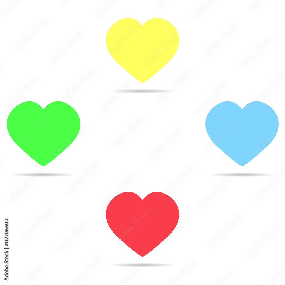 Set of colored icons yellow hearts, blue, red and green