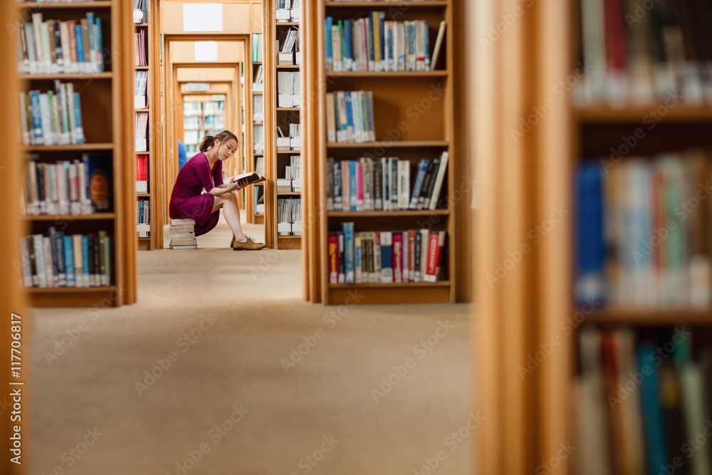 Young woman reading book in library Young woman reading book in library