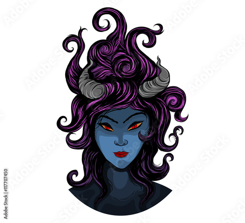 Horny devil woman hand drawing vector cartoon scene on a white background