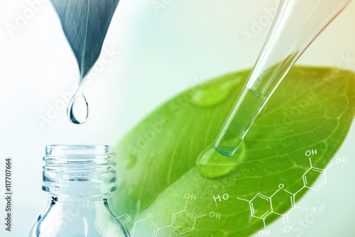 Фотография water drop from leaf and laboratory for natural chemistry concept