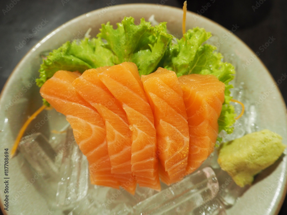 Close up salmon raw sashimi