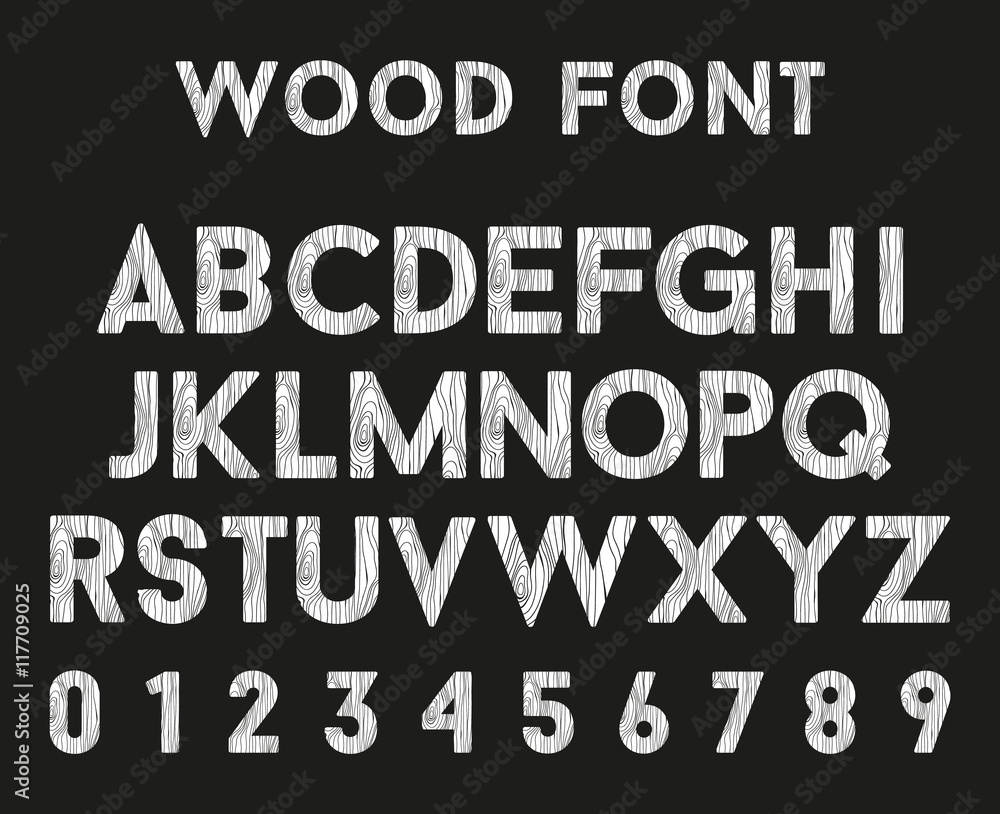 Wooden alphabet with letters and numbers. Vector font in wood style