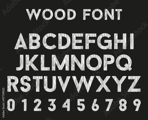 Wooden alphabet with letters and numbers. Vector font in wood style