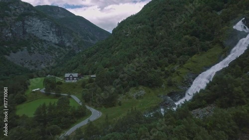 Beautiful aerial view on Hjellenfossen waterfall, Utladalen, Ardal, Norway. photo