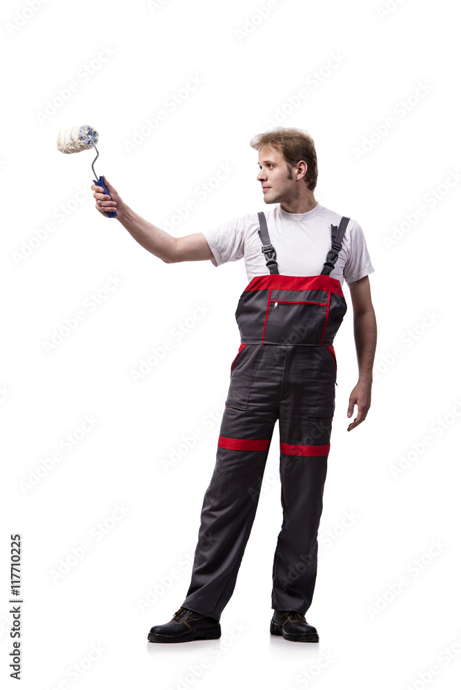 Fototapeta premium Painter with roller brush isolated on white