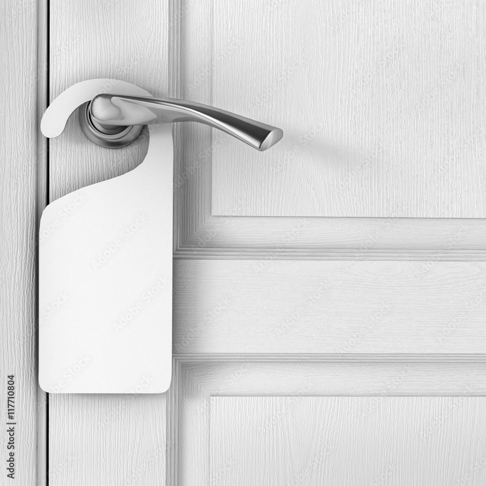Door knob with blank doorhanger mock up. Empty white flyer mockup hang