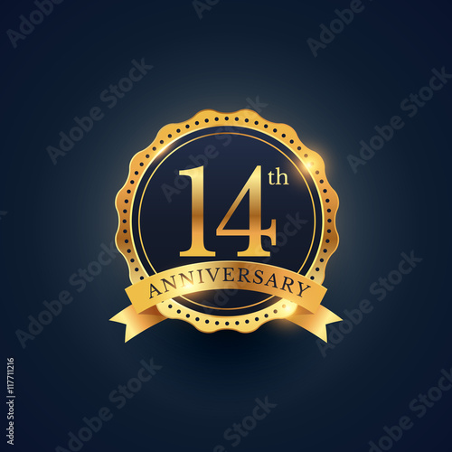 14th anniversary celebration badge label in golden color