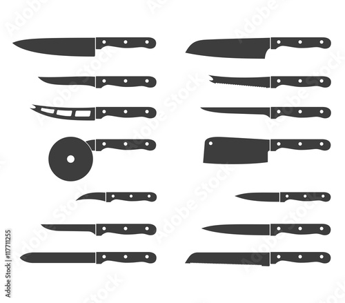 Set of steel kitchen knives icons carving, paring, and utility sharp tool cooking equipment collection. Sharp kitchen knife icon vector illustration isolated on white background