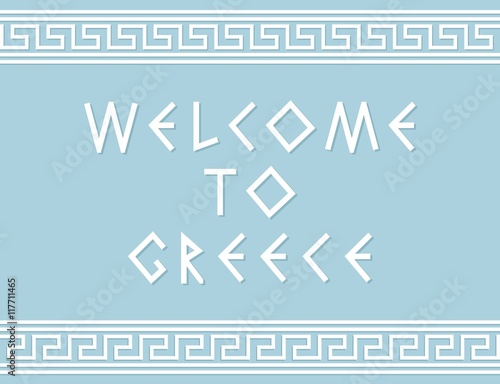 Welcome to Greece and greece ornament on blue background.