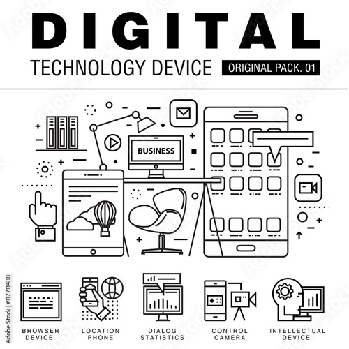 Modern digital technology pack. Thin line icons set internet technology. Devices set collection with global industry elements. Premium quality vector symbol. Stroke pictogram for web design.