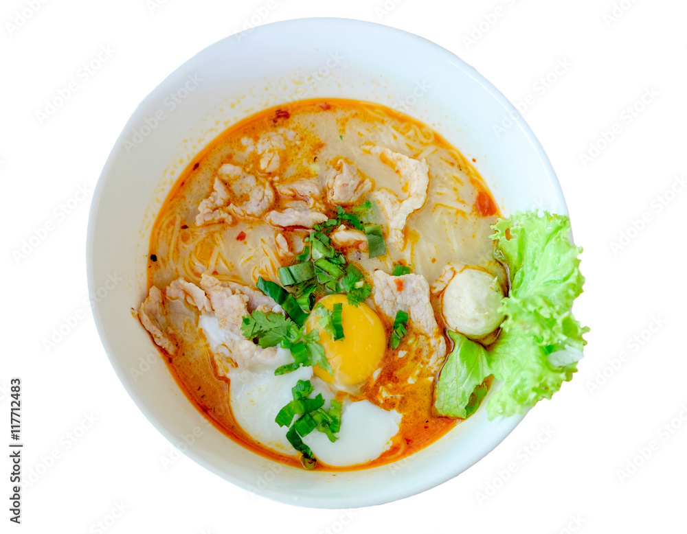 Noodle soup hot spicy pork egg and vegetable