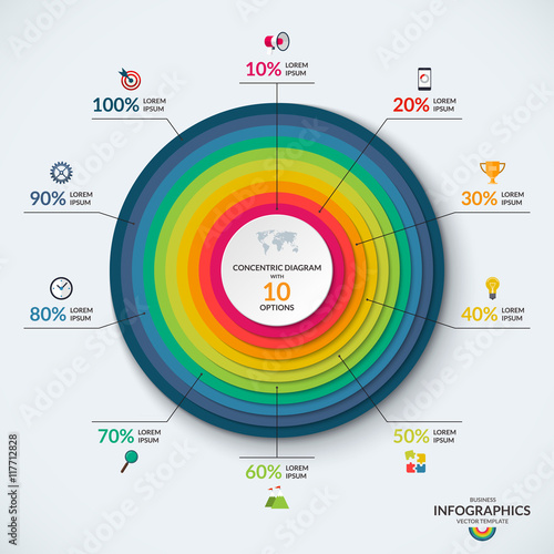 Infographic diagram template with concentric circles. Vector banner with 10 options. Can be used for web design, presentation, graph, chart, report, data visualization
