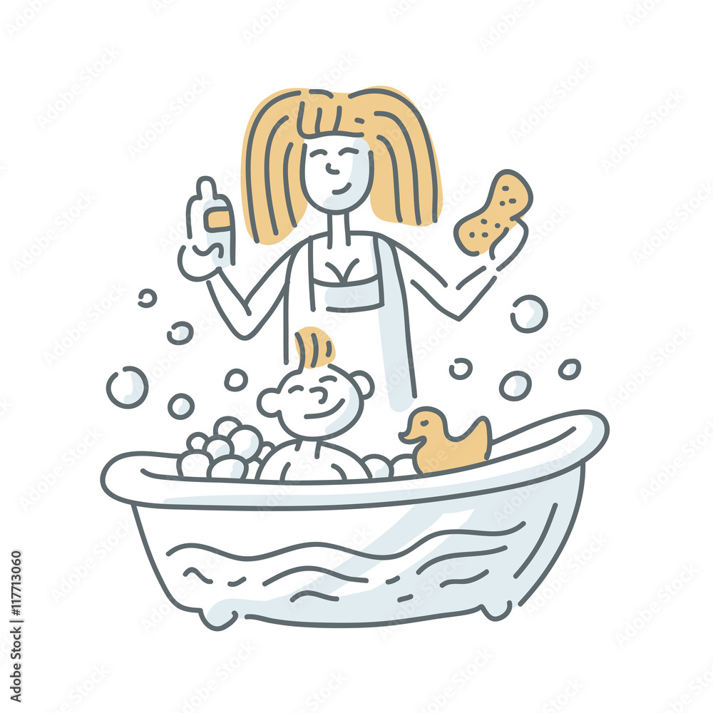 Bathing baby illustration on white background Bathing baby illustration on white background