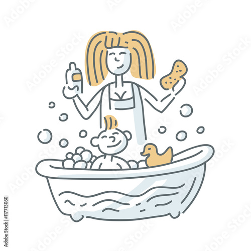 Bathing baby illustration on white background