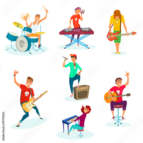 Cartoon rock teenage band set. Isolated on white. Young musicians characters