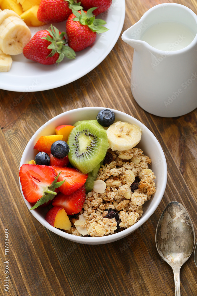 Breakfast bowl with milk and fruits on wood