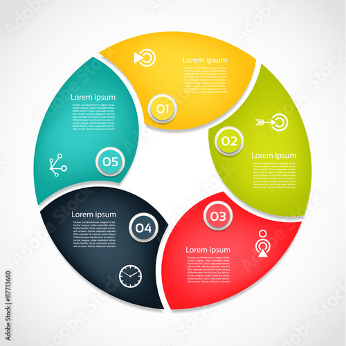 Vector circle infographic. Template for cycle diagram, graph, presentation and round chart. Business concept with 5  options, parts, steps or processes. Abstract background