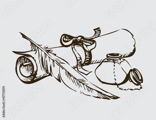 Still-life from inkwell with feather and paper