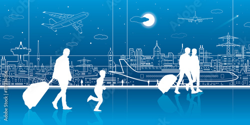 Airport terminal, aircraft on runway, airplane takeoff, airport scene, people expect flight, transportation infrastructure on background, vector design art