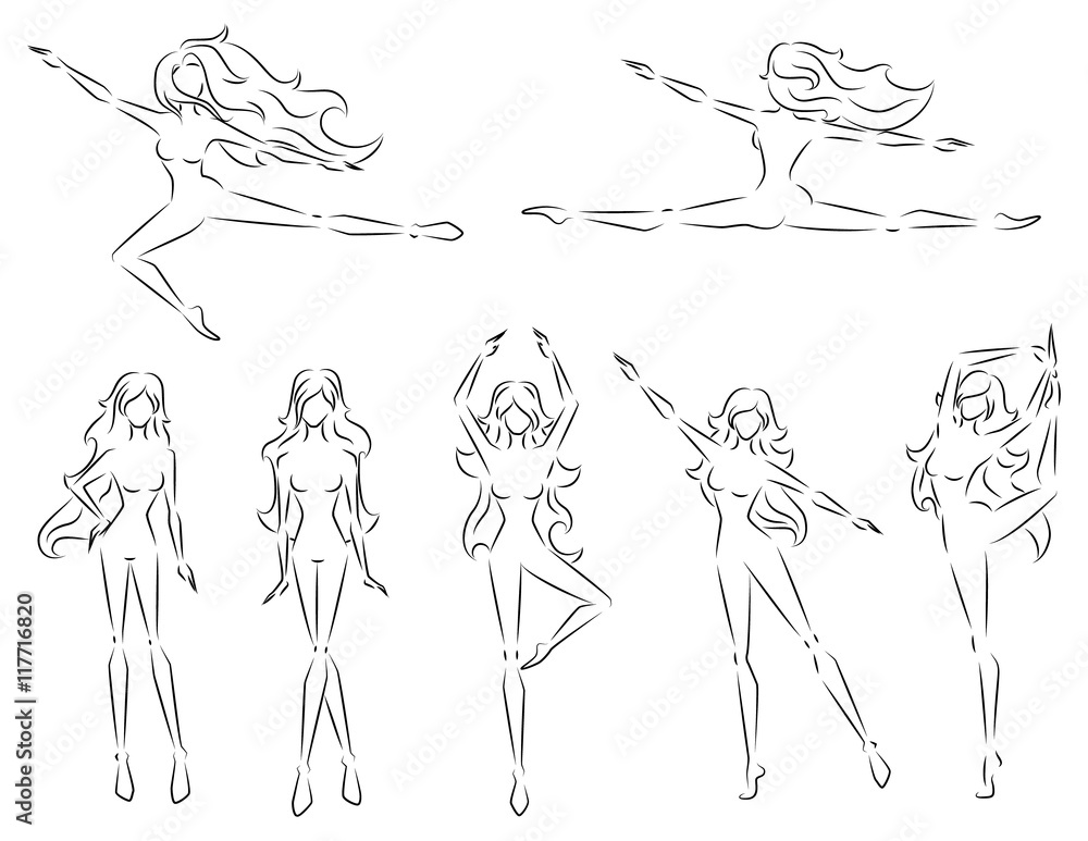 vector illustration set contours of silhouettes of beautiful girls in different poses on a white background