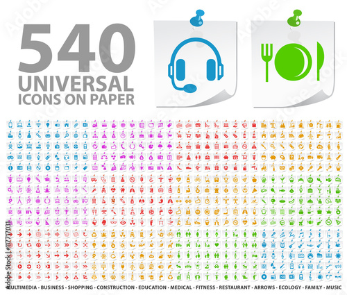 Set of 540 High Quality Standard Colored Icons on Notepaper Buttons on White Background. 