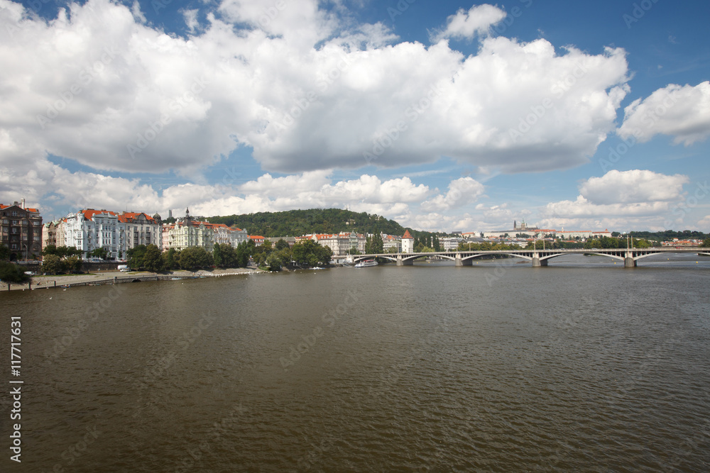 Beautiful River Vltava, Jirasek Bridge. Prague