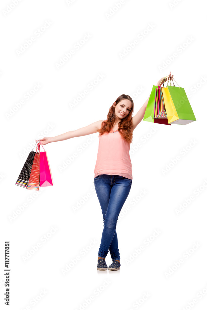 Happy woman after good shopping isolated on white Happy woman after good shopping isolated on white