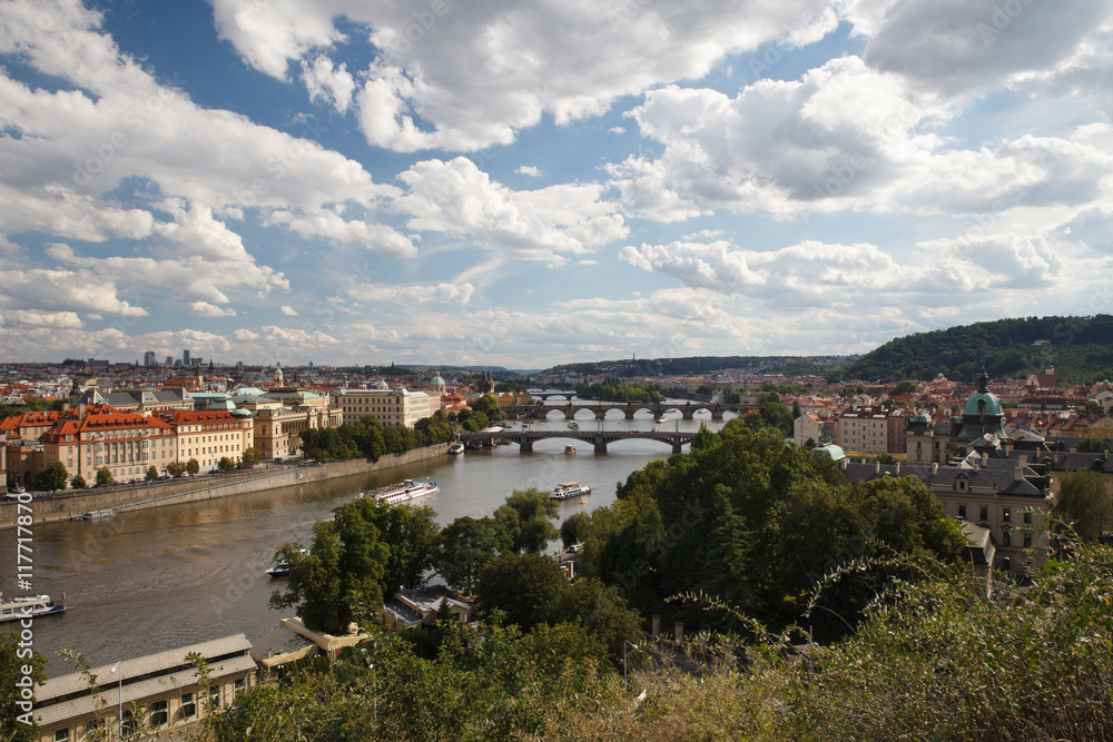 Panoramic view of the river Vltava, bridges and architecture. Prague, Czech
