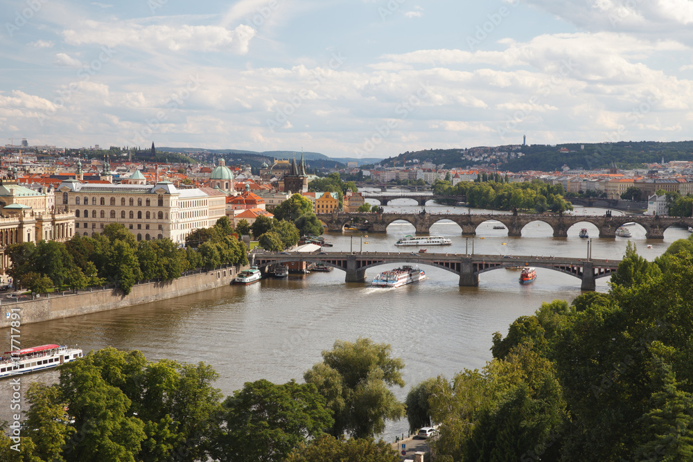 Nice panoramic view of the Vltava river and bridges. Prague