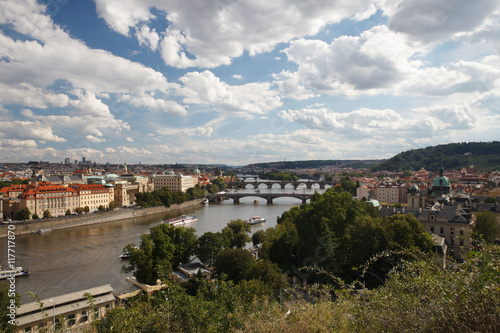 Panoramic view of the river Vltava, bridges and architecture. Prague, Czech 