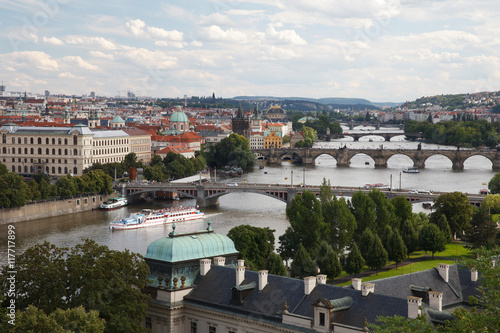 Top view of the Vltava river, bridges and architecture. Prague
